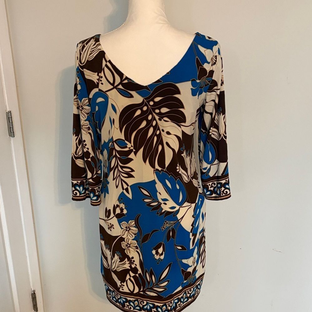 Tropical Resort Shift Dress Blue Palm Print Coastal Grandma Vacation Dress M L - Picture 4 of 7